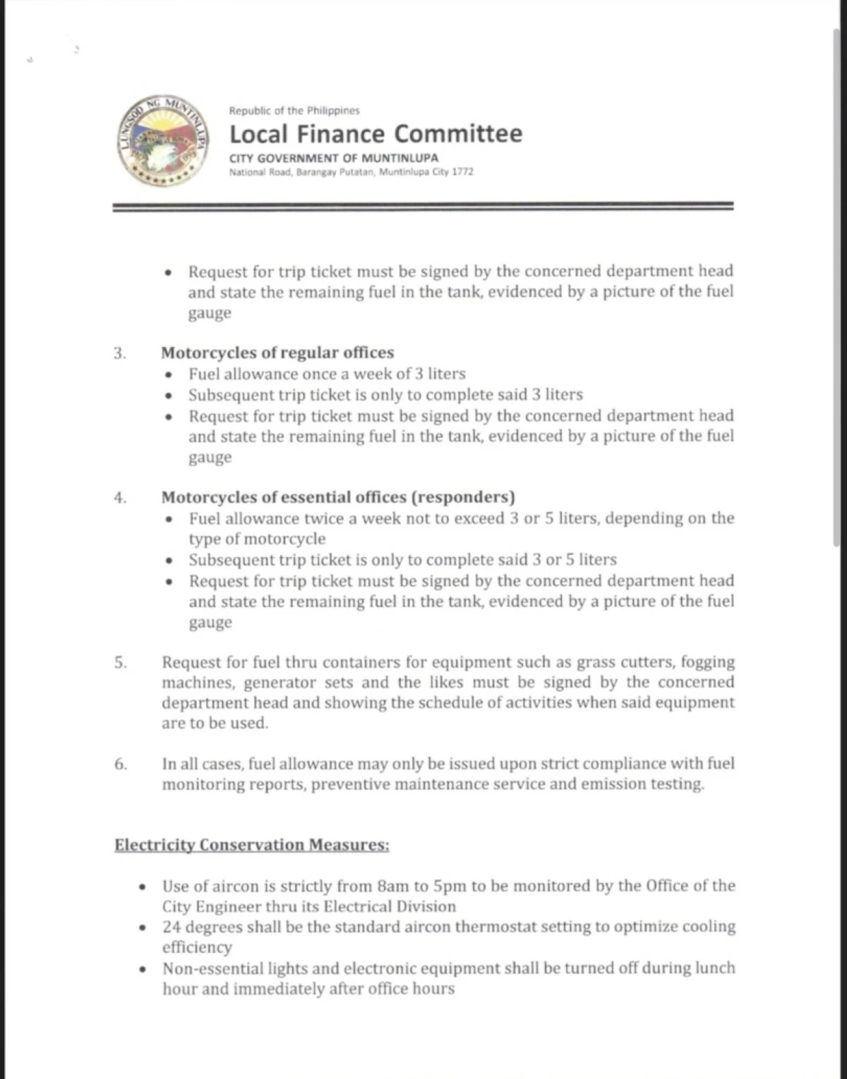 The resolution of the Local Finance Committee signed by Muntinlupa Mayor Ruffy Biazon (Photo from Mayor Biazon's Facebook account) 