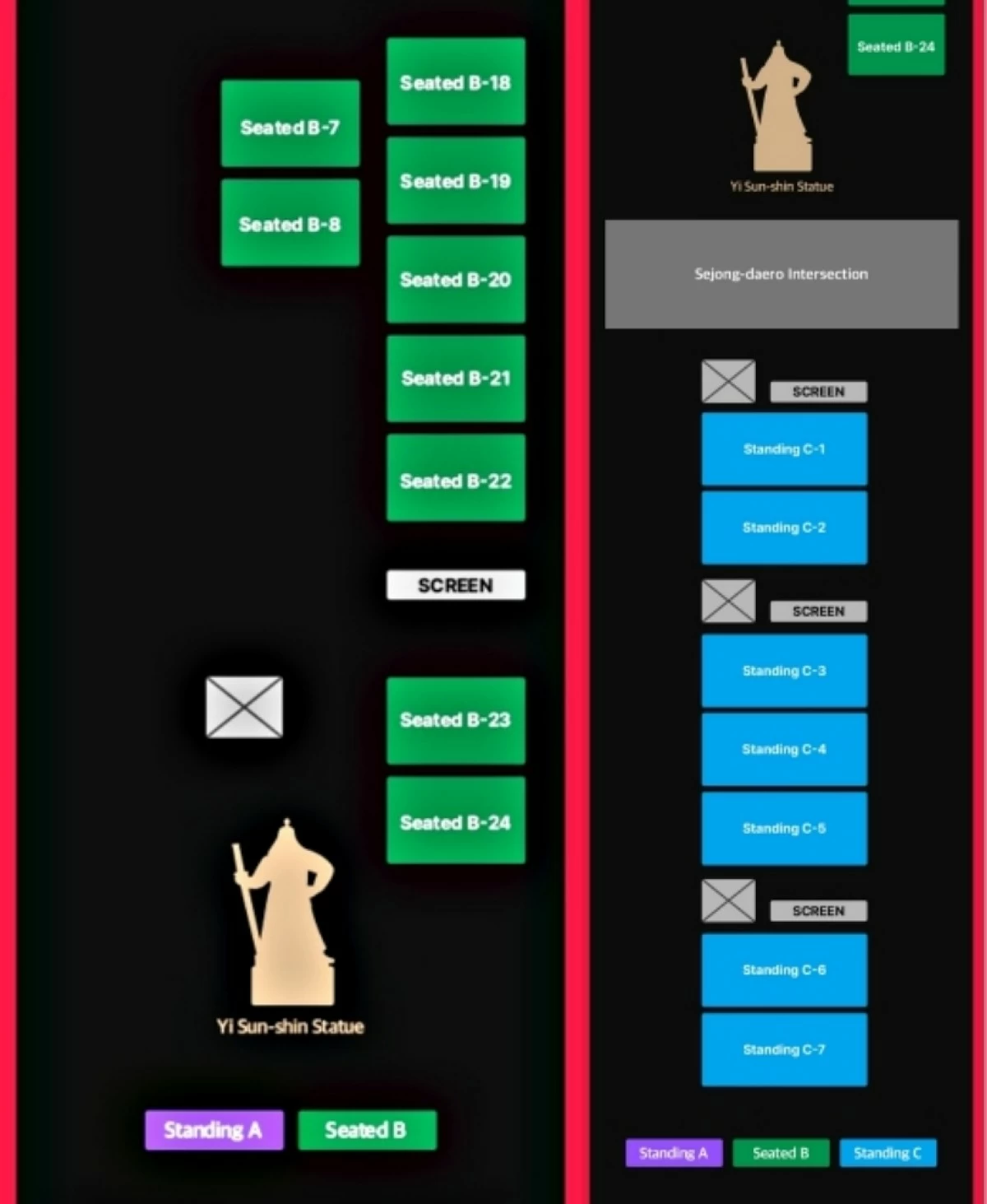 The old seat map (left) and the new seat map showing additional seats (blue) for the 