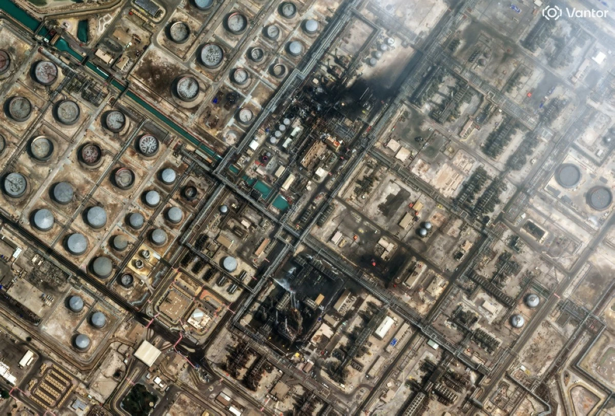 This satellite image provided by Vantor shows an overview of damage after a drone attack to Ras Tanura oil refinery, in Saudi Arabia, Monday, March 2, 2026. (Satellite image ©2026 Vantor via AP)