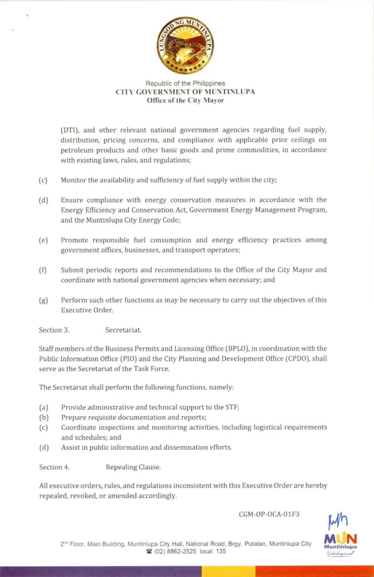 The Muntinlupa Executive Order No. 07, Series of 2026, signed by Mayor Ruffy Biazon (Photo from Muntinlupa PIO)