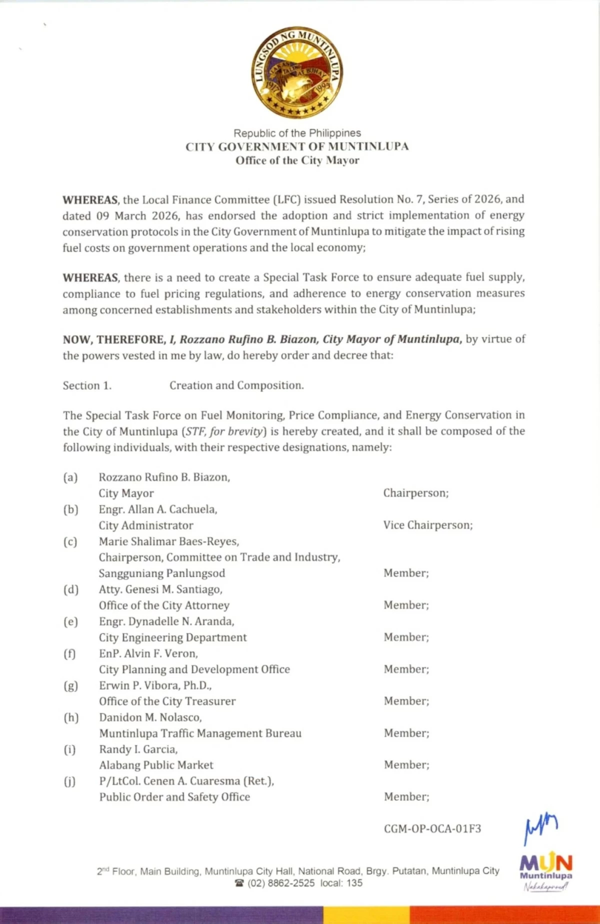The Muntinlupa Executive Order No. 07, Series of 2026, signed by Mayor Ruffy Biazon (Photo from Muntinlupa PIO)