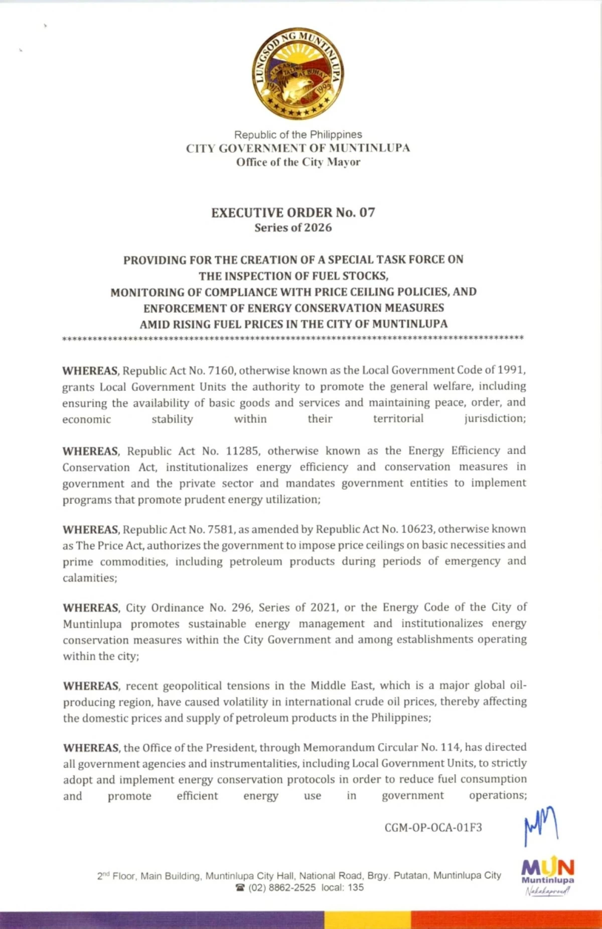 The Muntinlupa Executive Order No. 07, Series of 2026, signed by Mayor Ruffy Biazon (Photo from Muntinlupa PIO)