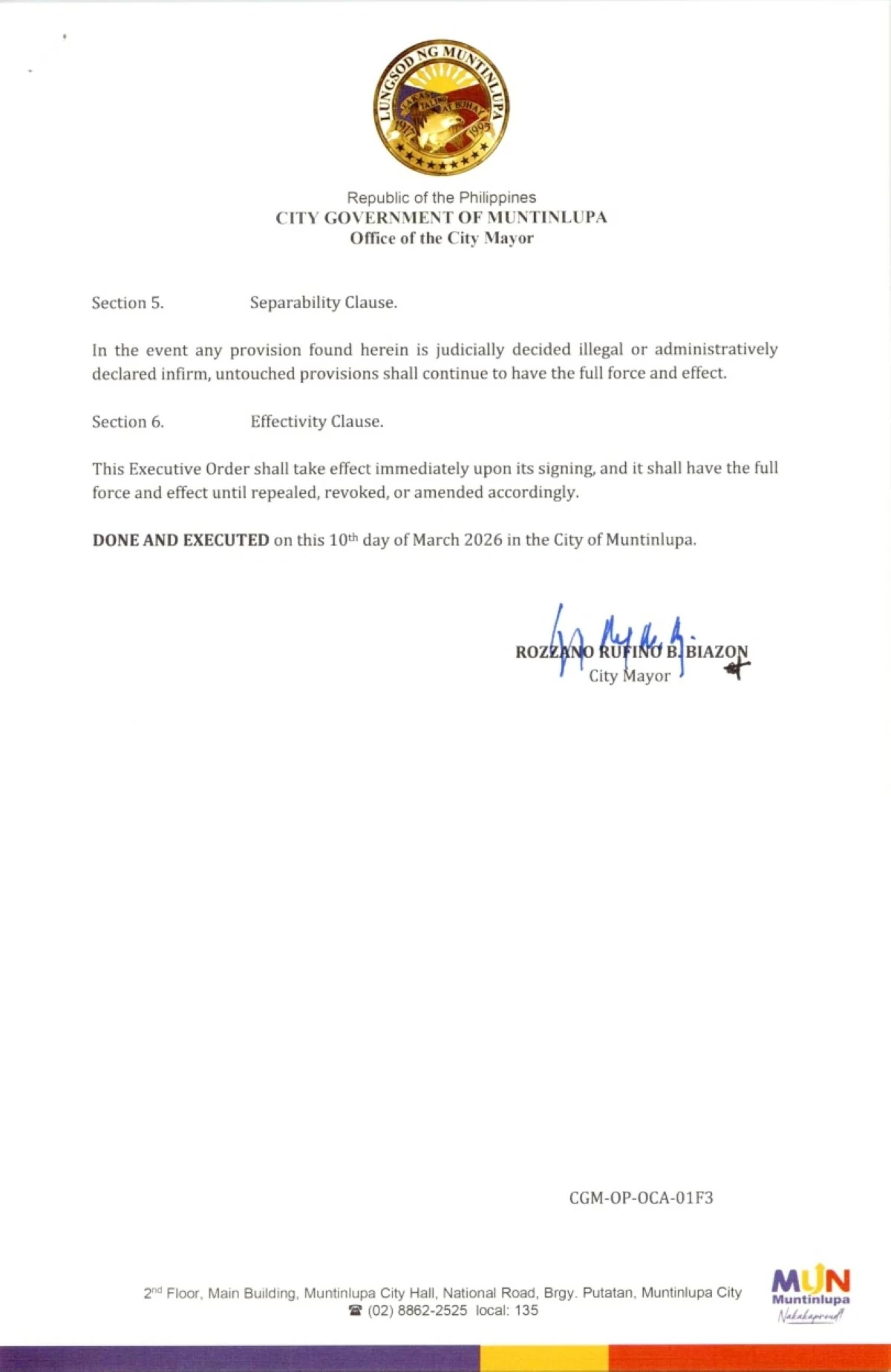 The Muntinlupa Executive Order No. 07, Series of 2026, signed by Mayor Ruffy Biazon (Photo from Muntinlupa PIO)