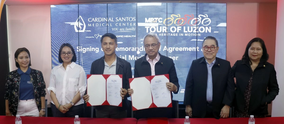 MPTC Tour of Luzon CEO and Chief Organizer Arrey Perez (third from left) and Cardinal Santos Medical Center (CSMC) President and CEO Raul Pagdanganan seal the partnership with (from left) MAD Management Inc. CEO Madeleine  Sharon Guico, SDMI Sports president Danica Khaye Baltazar and CSMC vice president and Chief Medical Officer Dr. Antonio Say and senior vice president and Chief Fiance Officer Marivic Mabuti.