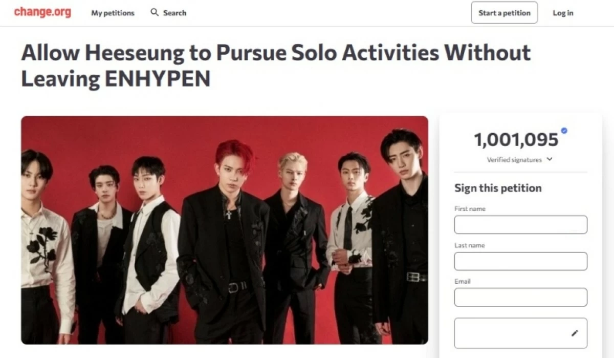 The petition for Heeseung reached a little over one million on March 12 (Screenshot from Change.org) 