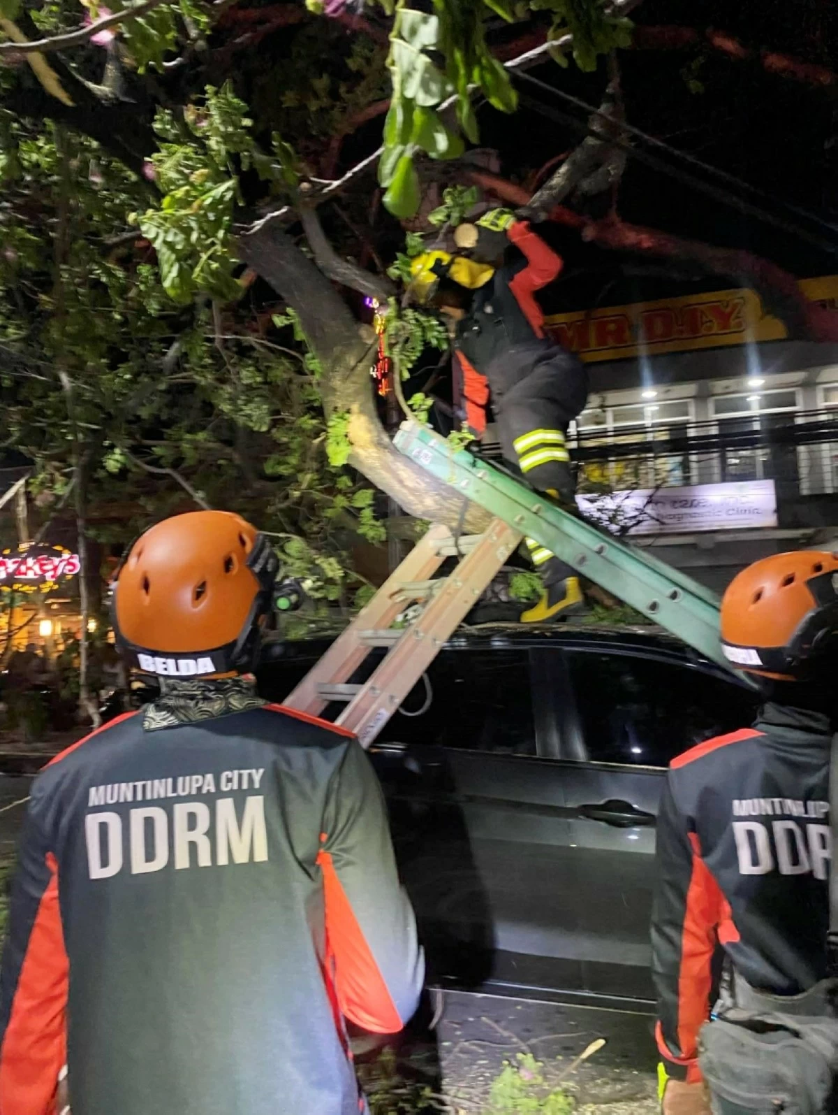 Personnel from the Muntinlupa City Department of Disaster Resilience and Management cutting the branches of the fallen acacia tree tree along the National Road in Barangay Putatan, Muntinlupa on March 11 (Photo from the Muntinlupa City Department of Disaster Resilience and Management) 
