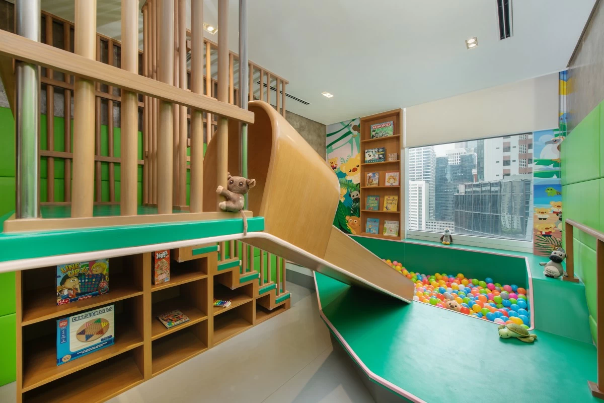 The slide and ball pit at the Kids Club