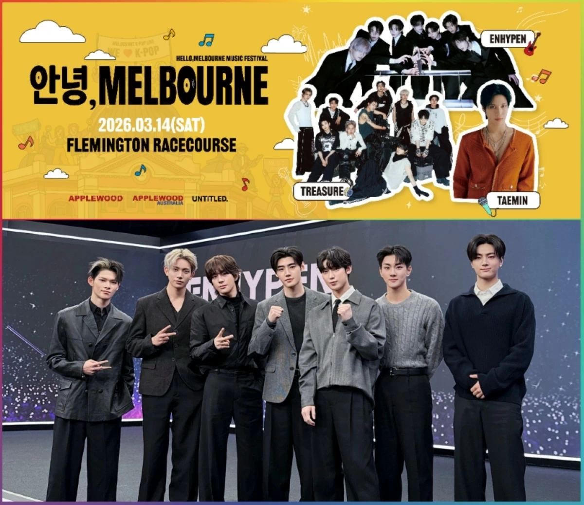  The lineup for the 2026 [안녕, Melbourne] Music Festival (top) and ENHYPEN (Photo from Megatix, X) 