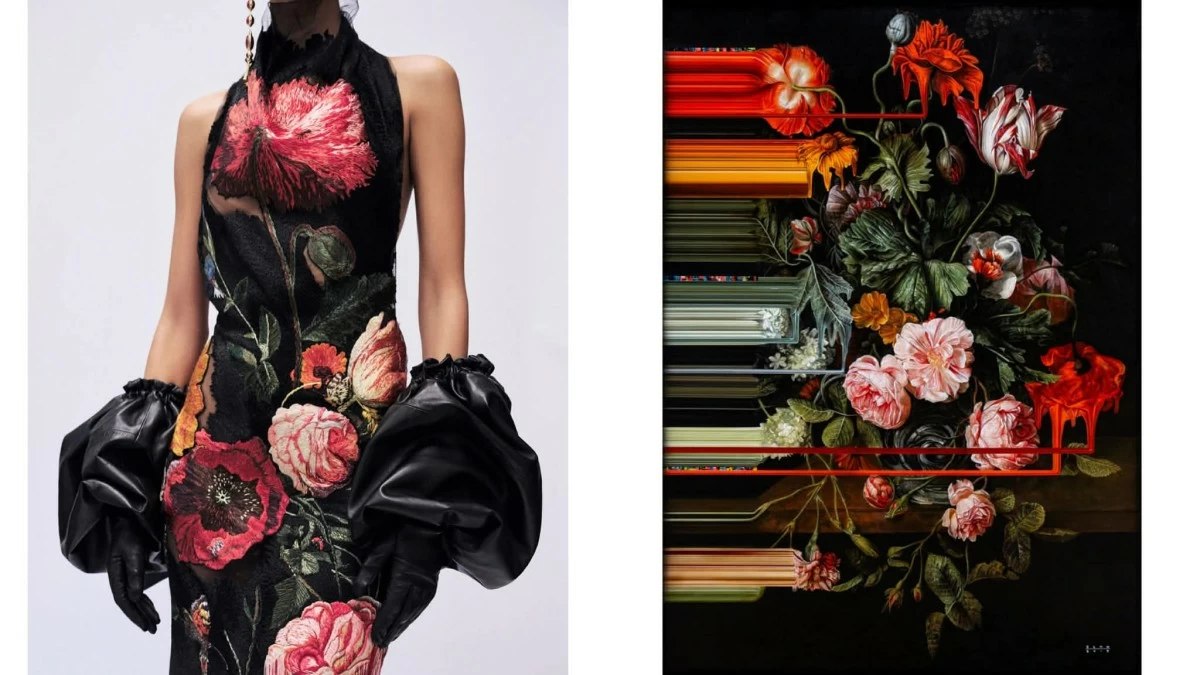 Look 46 from Givenchy fall-winter 2026 collection; Olan Ventura’s “Still Life with Parrot, Tulip Poppies, Roses and Snowball”