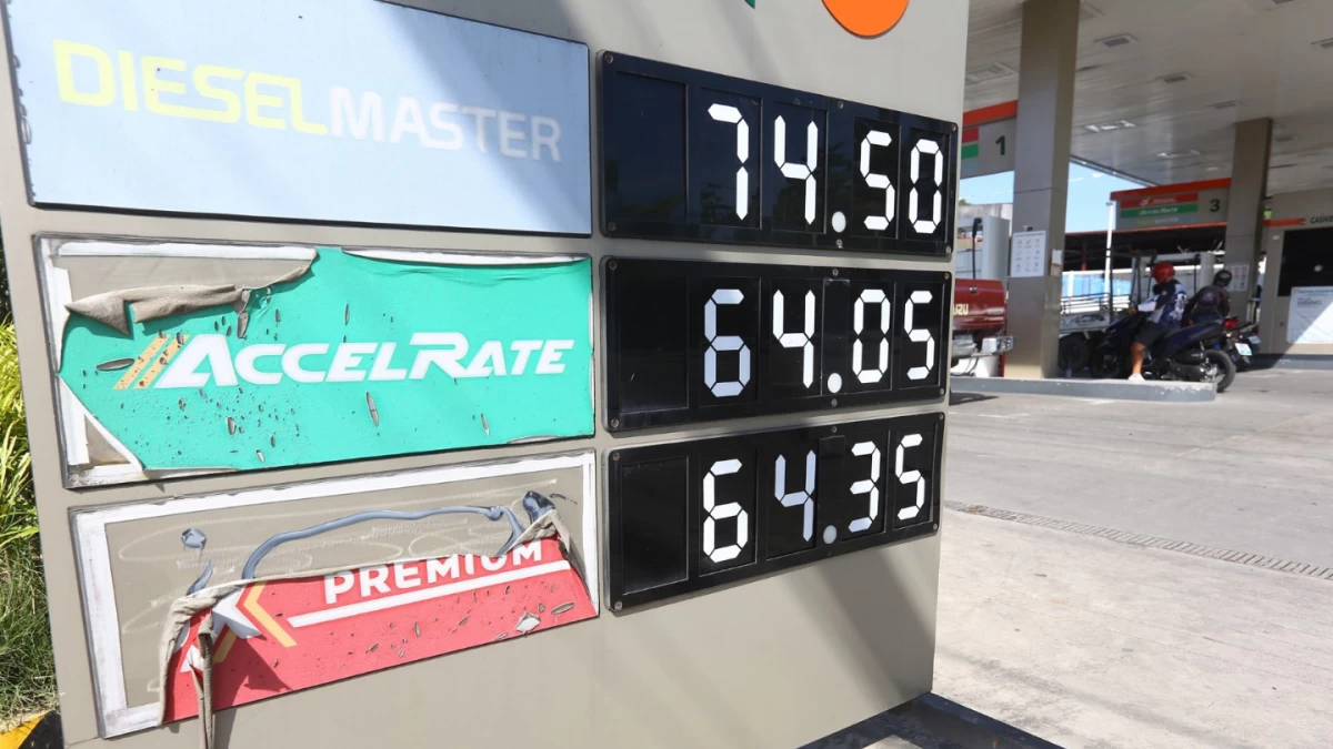 The price board at a gasoline station in Davao City displays the updated rates on Thursday, March 12, 2026. Domestic oil firms have implemented “staggered” price hike this week to cushion the impact of a massive ₱17 to ₱24 per liter surge triggered by supply volatility and tensions in the Middle East. (Photos by Keith Bacongco I MB)