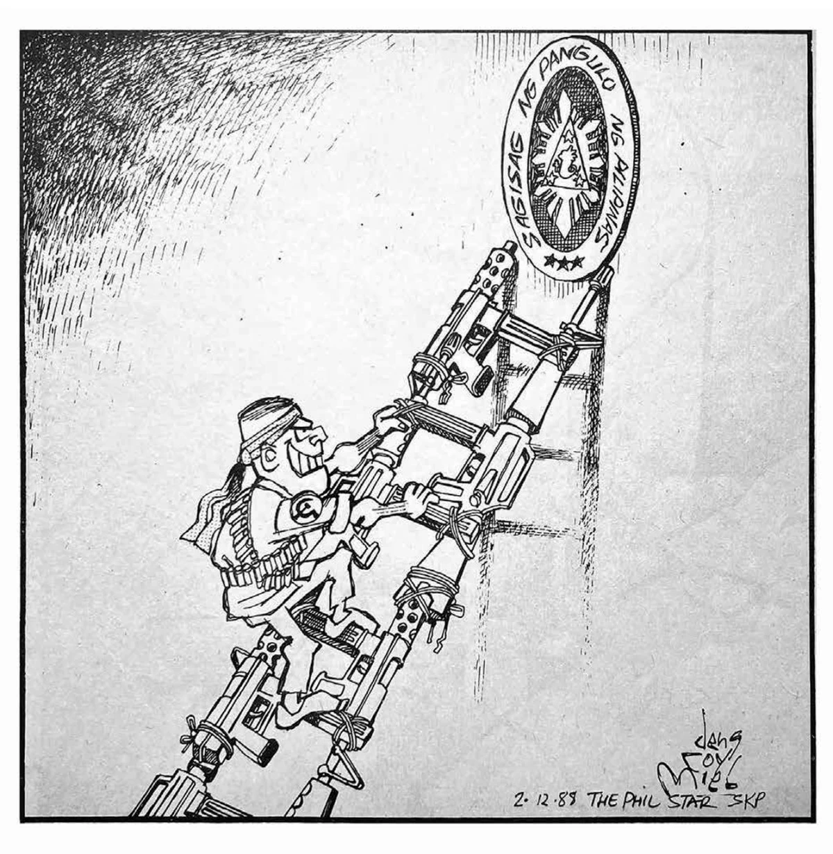 'THE LADDER TO POWER,' pen and ink on book paper, Dengcoy Miel,1985