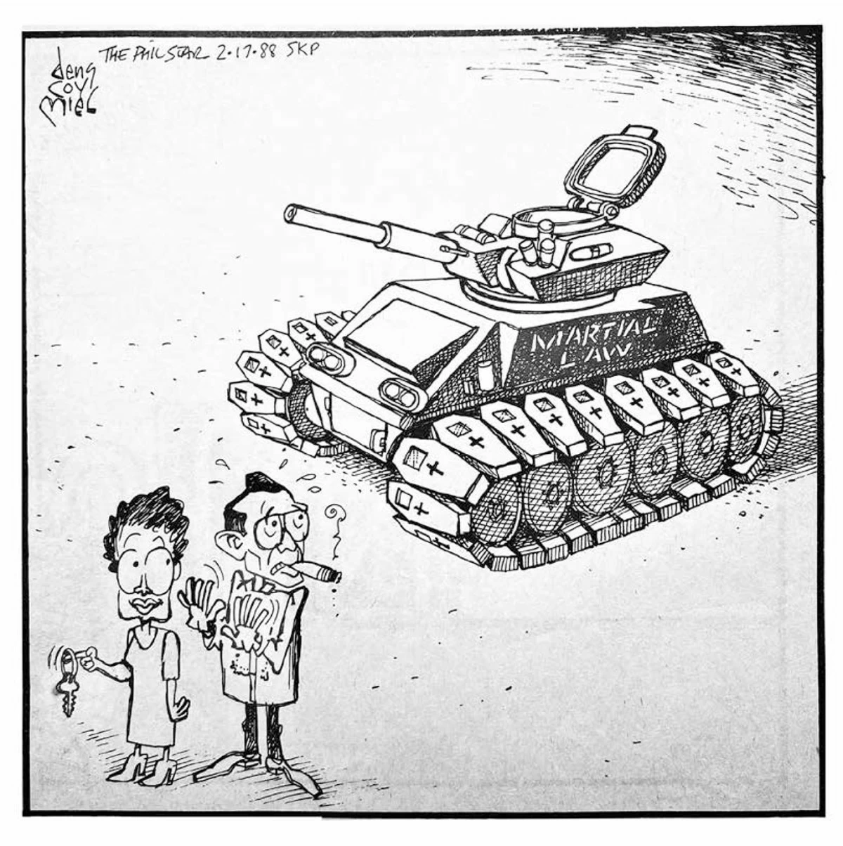 'REVIVING MARTIAL LAW,' pen and ink on book paper, Dengcoy Miel, 1986