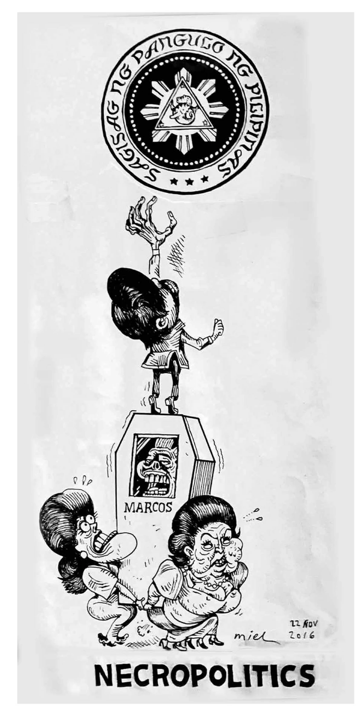 'NECROPOLITICS,' pen and ink on book paper, Dengcoy Miel, 2016