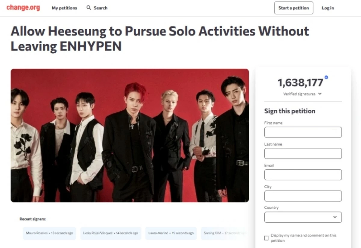 The petition to bring Heeseung back to ENHYPEN (Screenshot from Change.org) 