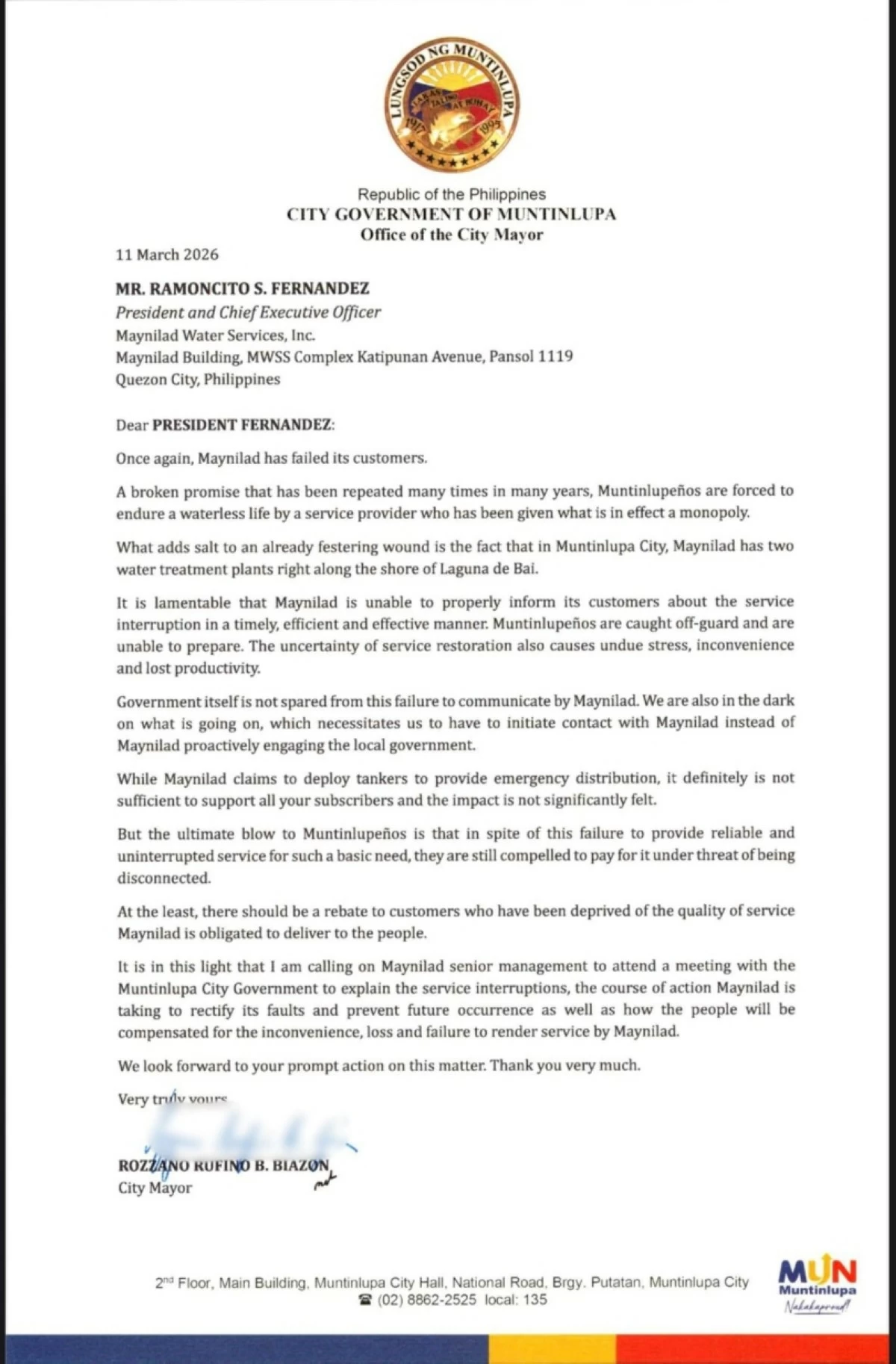 Muntinlupa Mayor Ruffy Biazon's letter to Ramoncito Fernandez, Maynilad president and chief executive officer (Photo from Mayor Biazon's Facebook account) 

