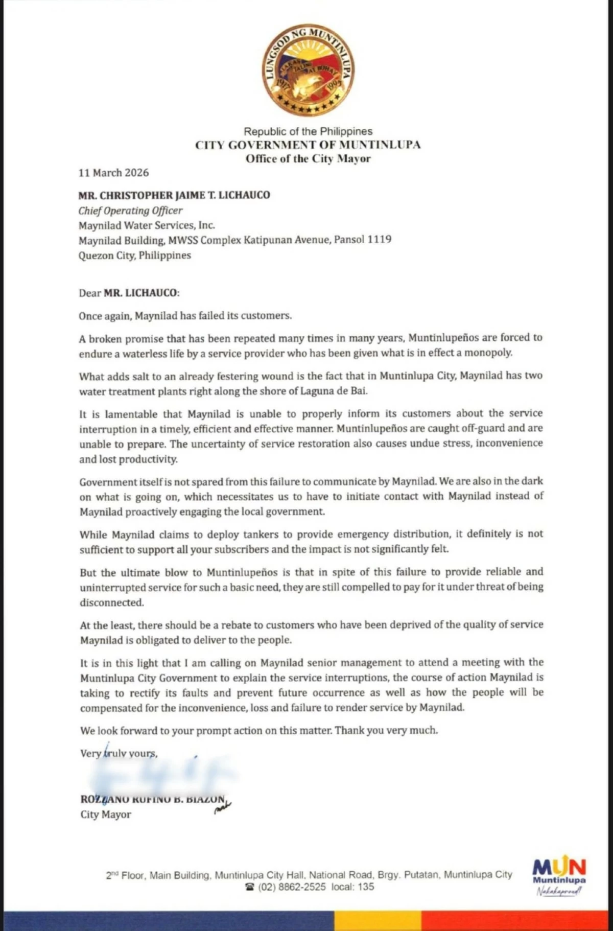 Muntinlupa Mayor Ruffy Biazon's letter to Christopher Jaime Lichauco, chief operating officer of Maynilad (Photo from Mayor Biazon's Facebook account) 
