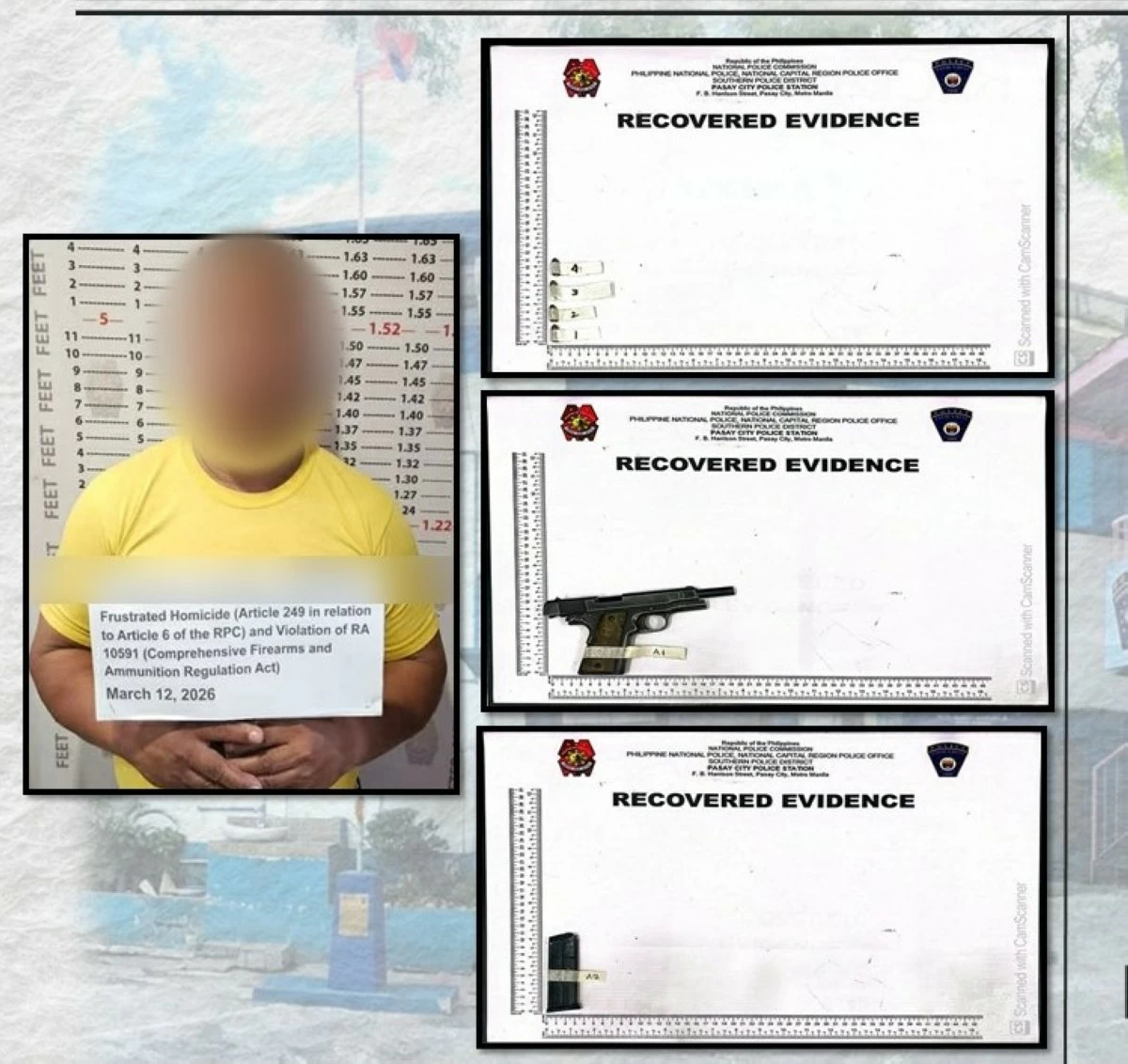 The arrested suspect and the 9mm pistol confiscated (Photo from Pasay City Police)  