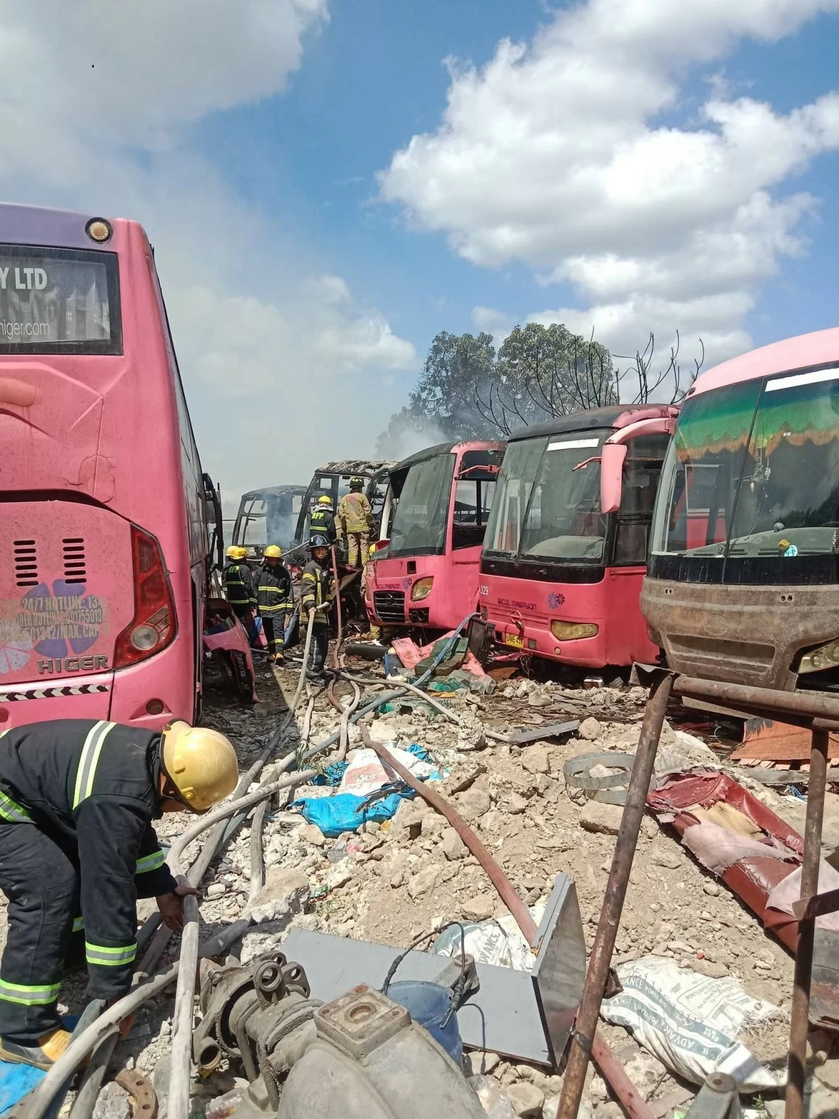 Firefighters and volunteers respond to a vehicular fire that damaged several buses in a garage in Barangay Mayamot, Antipolo City. (Photos courtesy of Santolan Fire and Rescue Volunteer Brigade)