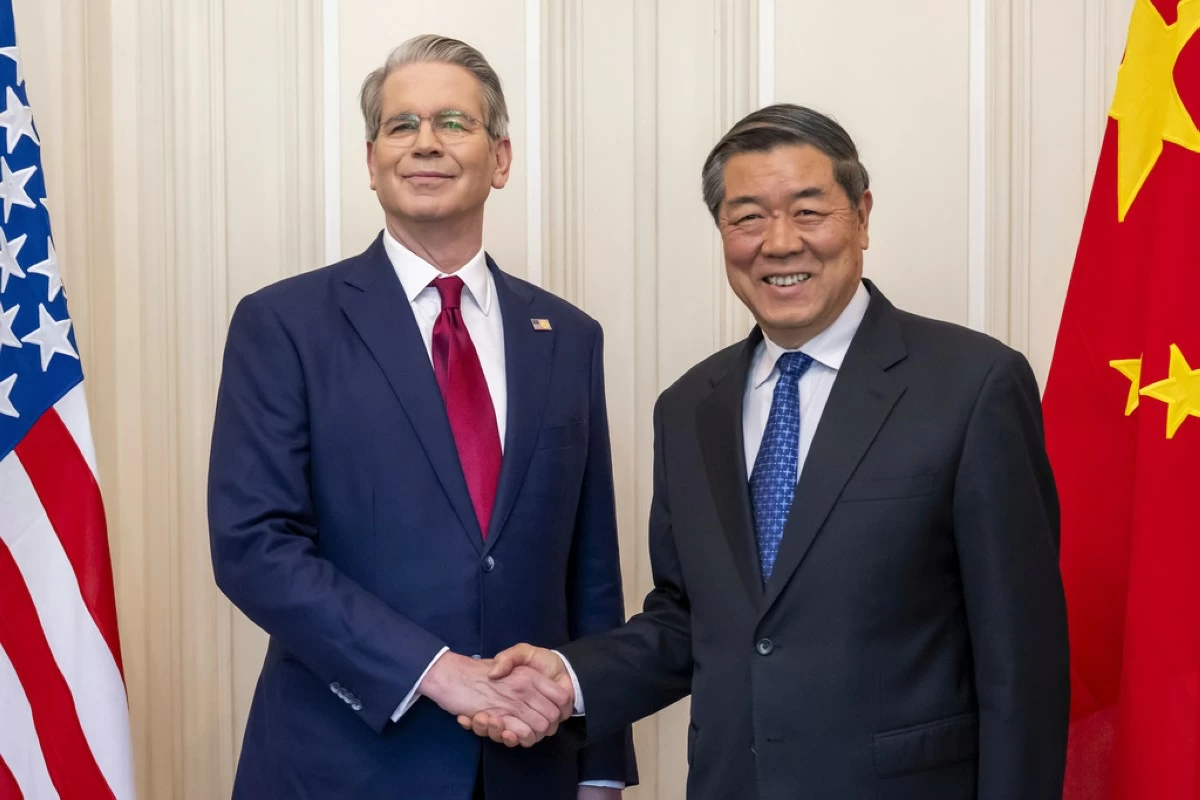 U.S. Secretary of the Treasury Scott Bessent, left, shakes hands with Chinese Vice Premier He Lifeng, right, during a bilateral meeting between the United States and China, in Geneva, Switzerland, on Saturday, May 10, 2025. (Martial Trezzini/Keystone via AP, File)
