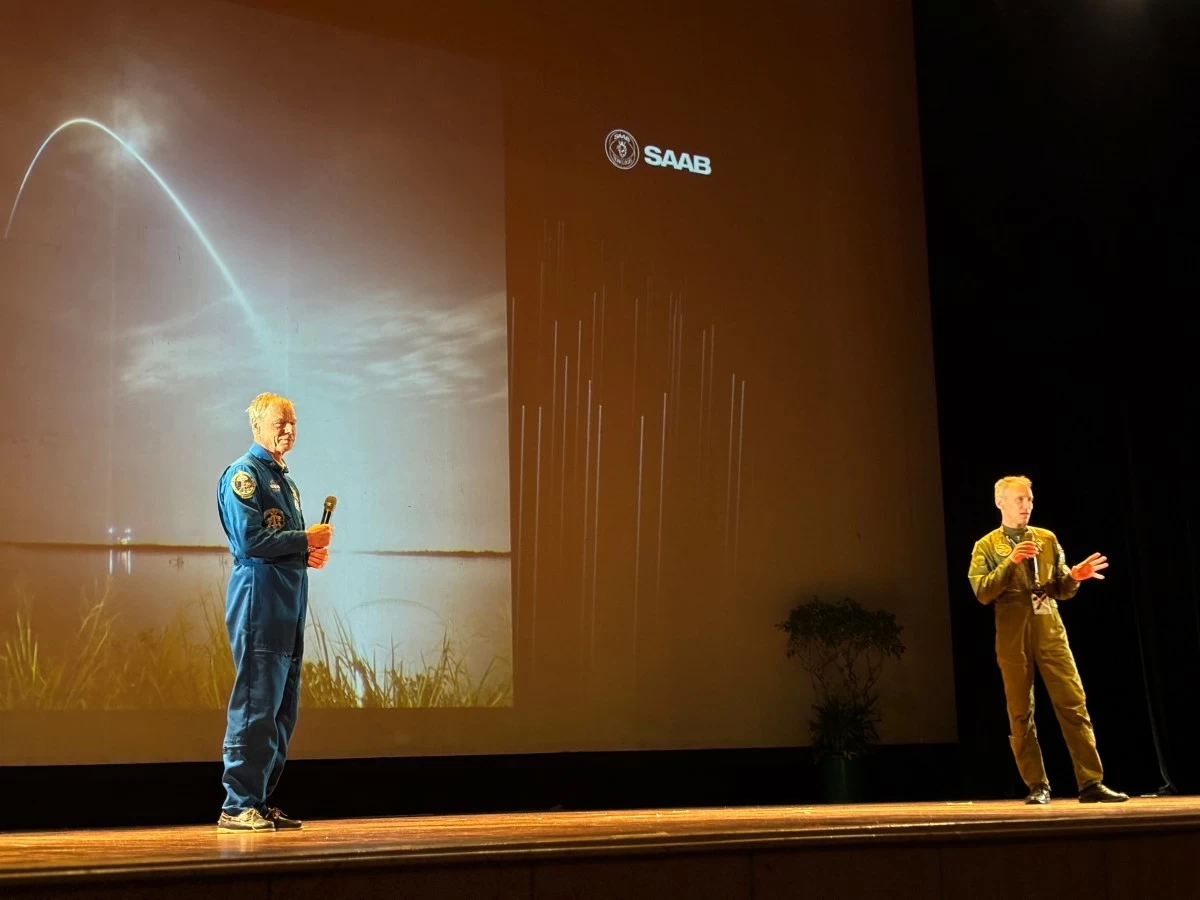 Dr. Fuglesang and Jussi Halmetoja, Senior Operations Advisor, Air Domain of Saab AB speaking to students at DLSU