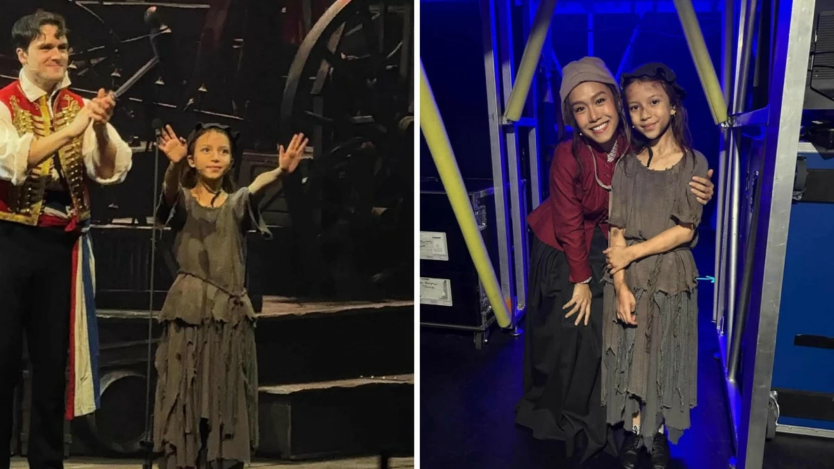Emilia onstage; and her with co-star Rachelle Ann Go