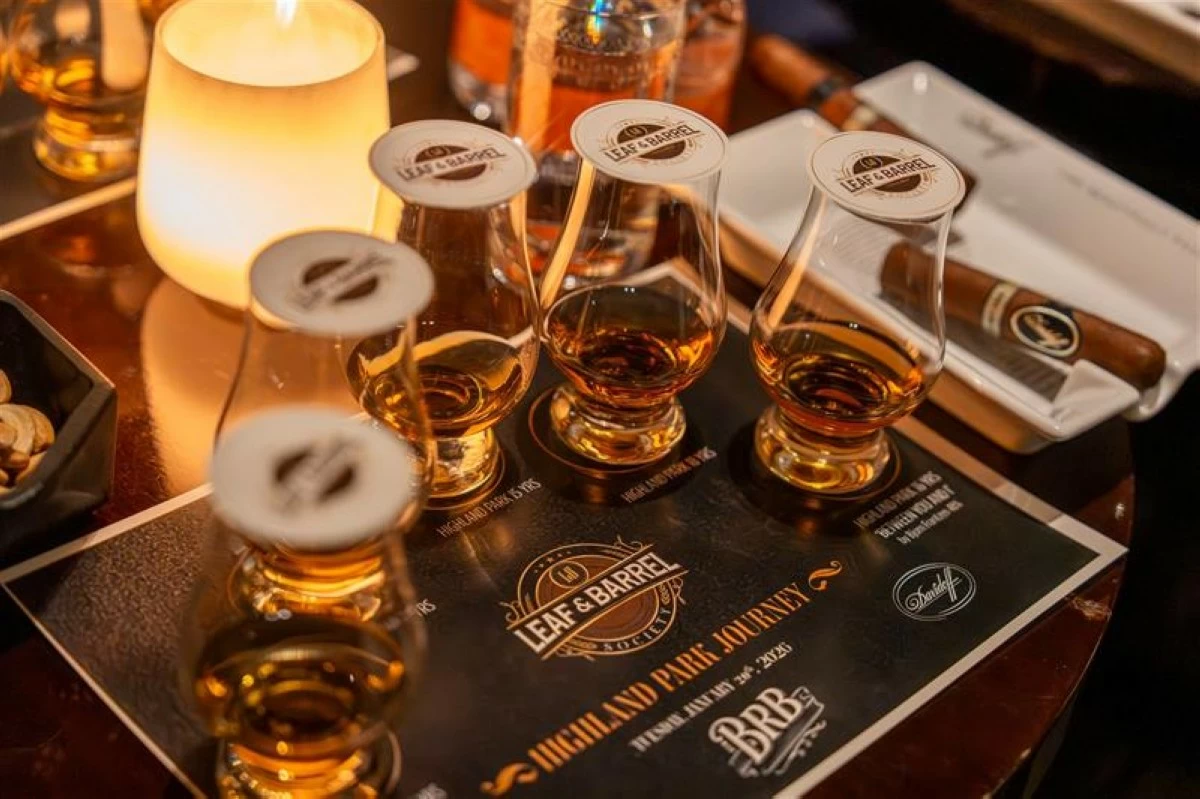 WHISKY FLIGHT Five glasses prepared for the whisky tasting portion of BRB’s Leaf & Barrel event.