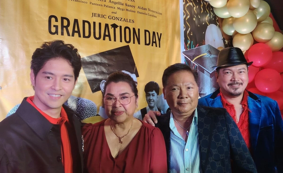 The cast of 'Graduation Day.' From left: actor Jeric Gonzales, veteran actress Elizabeth Oropesa, Engr. Benjie Austria, and writer-director Dante Balboa.