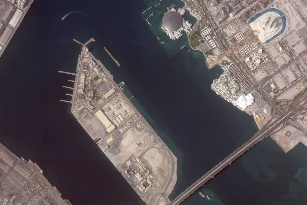 This satellite image from Planet Labs PBC shows the area around Abu Dhabi's Zayed Port, a French naval base and its Cultural District after an Iranian attack in Abu Dhabi, United Arab Emirates, March 3, 2026. (Planet Labs PBC via AP)
