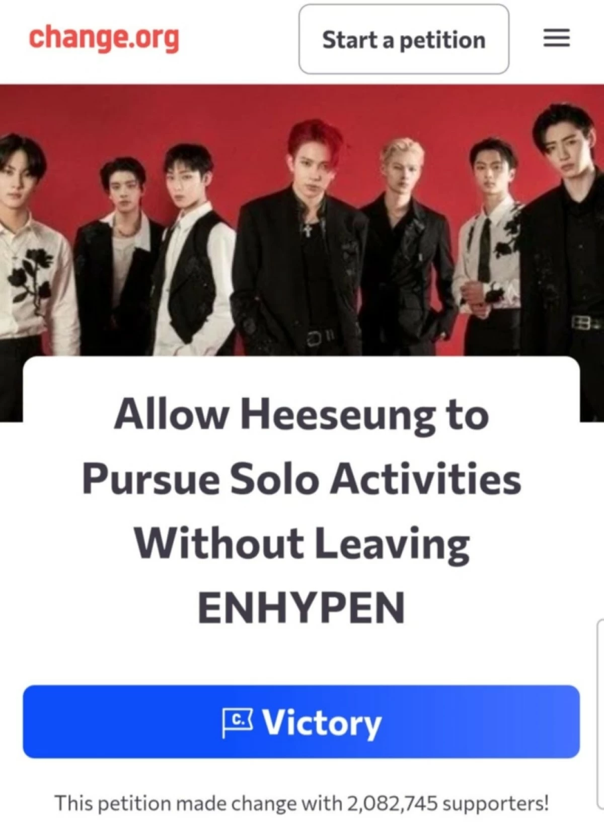The petition to bring back Heeseung to ENHYPEN ended with  2,084,798 signatories (Screenshot from Change.org)