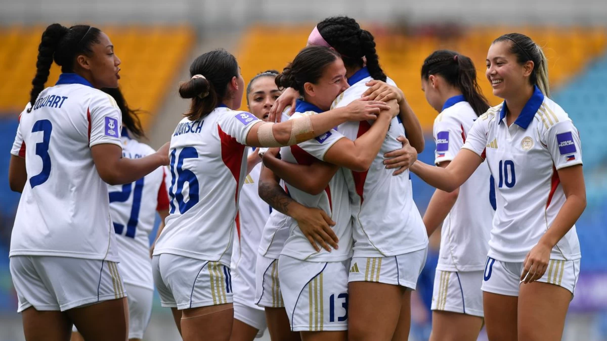 The Philippine women's football team celebrates its victory over Uzbekistan in the playoffs at the AFC Women's Asian Cup. (AFC)