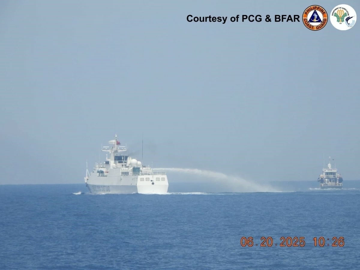A China Coast Guard ship hits BRP Datu Matanam Taradapit (MMOV 3006) with a water cannon in Bajo de Masinloc on June 20, 2025. (Photo courtesy of PCG Spokesperson for the West Philippine Sea Jay Tarriela)