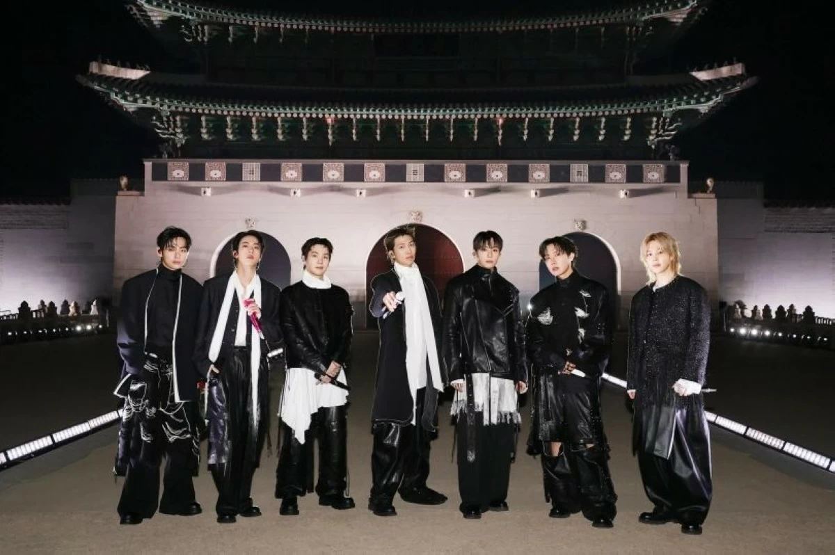 BTS in front of Gyeongbokgung Palace at their 'BTS The Comeback Live: Arirang' at Gwanghwamun Square in Seoul on March 21. (Photo courtesy of Bighit Music and Netflix)