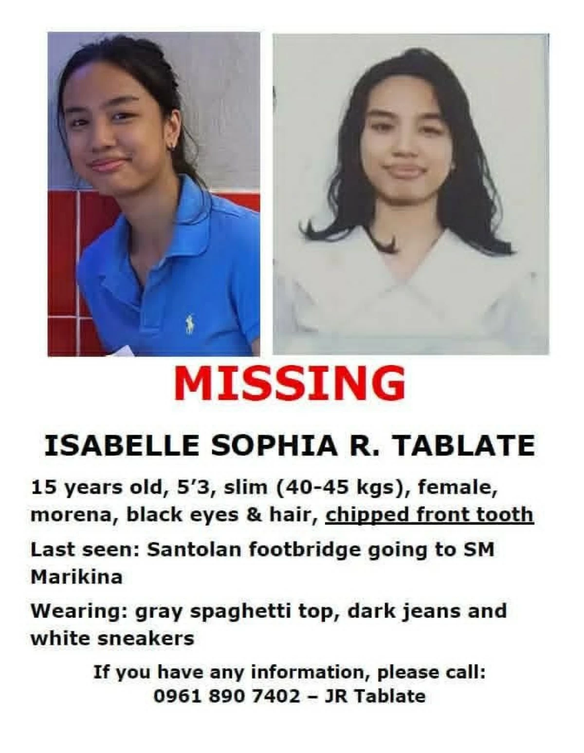Photo of the 15-year-old girl who has been missing in Pasig City for four days as of March 22. (Photo from JR Tablate)