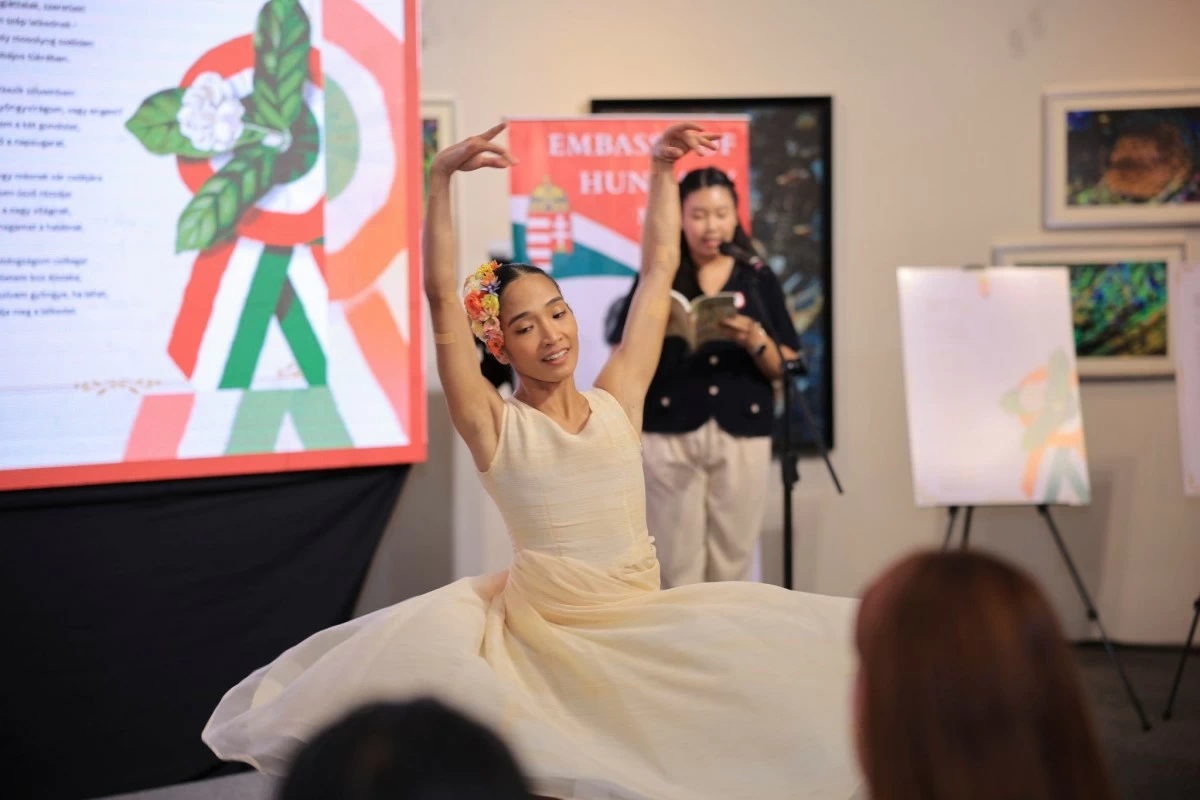 A dancer from Ballet Philippines dances to a reading of a Hungarian poem.