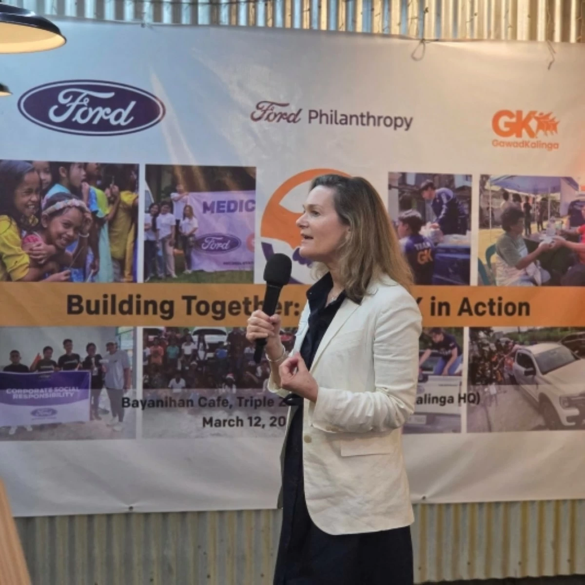 Mary Culler, President of Ford Philanthropy, delivers her opening remarks during the launch of the Ford Building Together initiative.