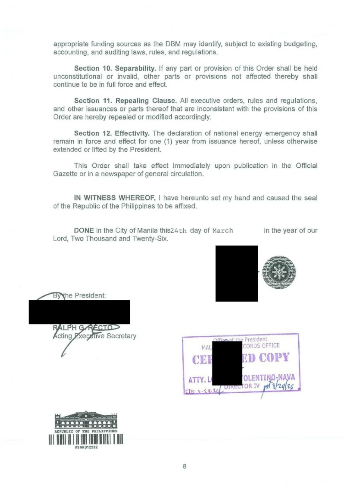 Executive Order No. 110
