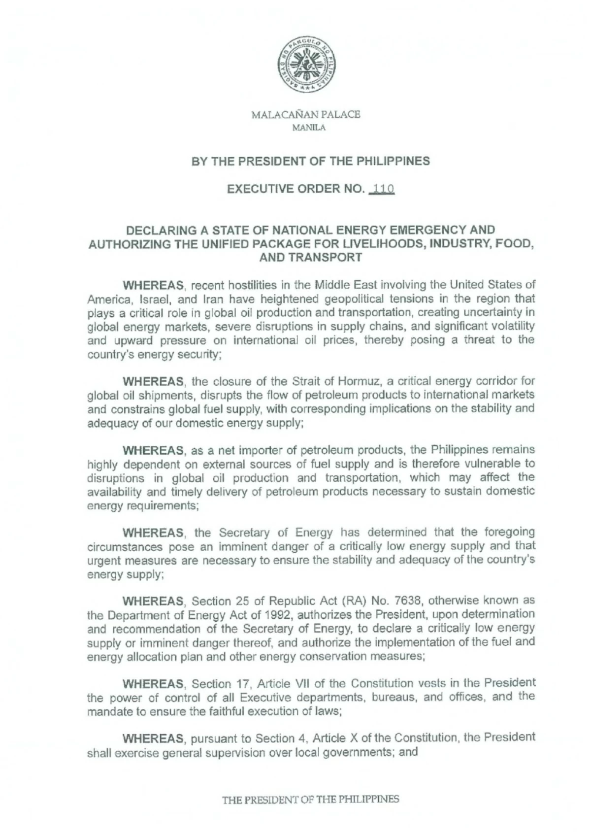 Executive Order No. 110