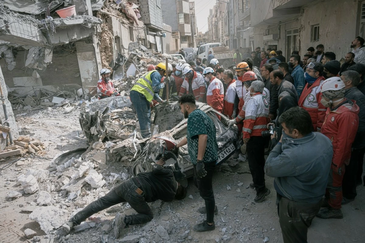 First responders inspect a destroyed car at the site of a residential building hit in an overnight strike during the U.S.-Israeli military campaign in Tabriz, East Azerbaijan Province, northwestern Iran, Tuesday, March 24, 2026. (AP Photo/Matin Hashemi)