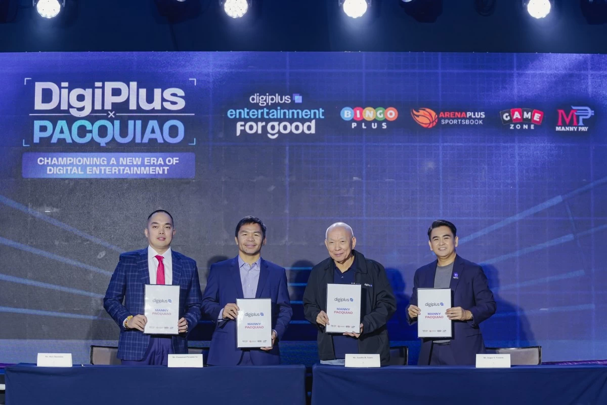 From left: MannyPay President & CEO Marc Bundalian, boxing legend and MannyPay Chairman Manny Pacquiao, DigiPlus Chairman Eusebio H. Tanco, and AB Leisure Exponent and Total Gamezone Xtreme President Jasper Vicencio formalize a landmark alliance during the ceremonial contract signing on Wednesday, Mar. 25, at Shangri-La The Fort, BGC, ushering in a new era of digital entertainment for Filipinos.

