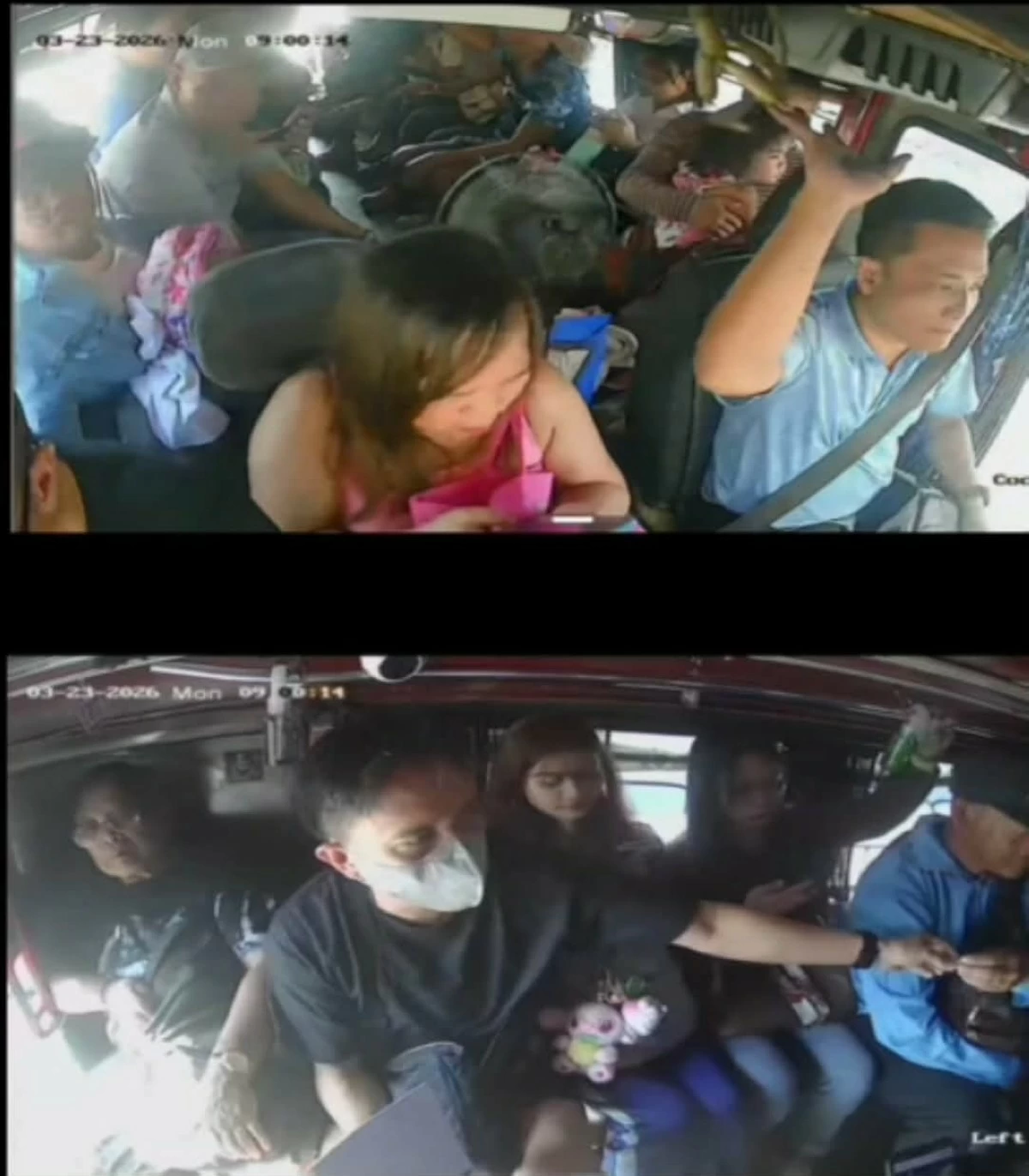 CCTV footage inside a jeepney shows a male passenger handing over fare for the driver and immediately getting off without taking the change, which was later found to be P200. (Screengrab from Roel Stephen Manuel/Facebook)