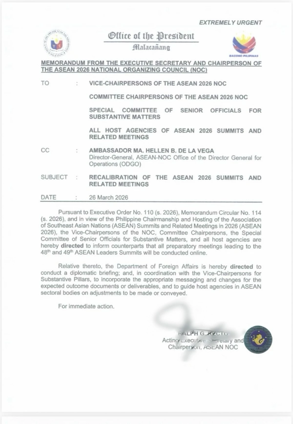 Copy of the Executive Secretary Ralph Rector's memorandum