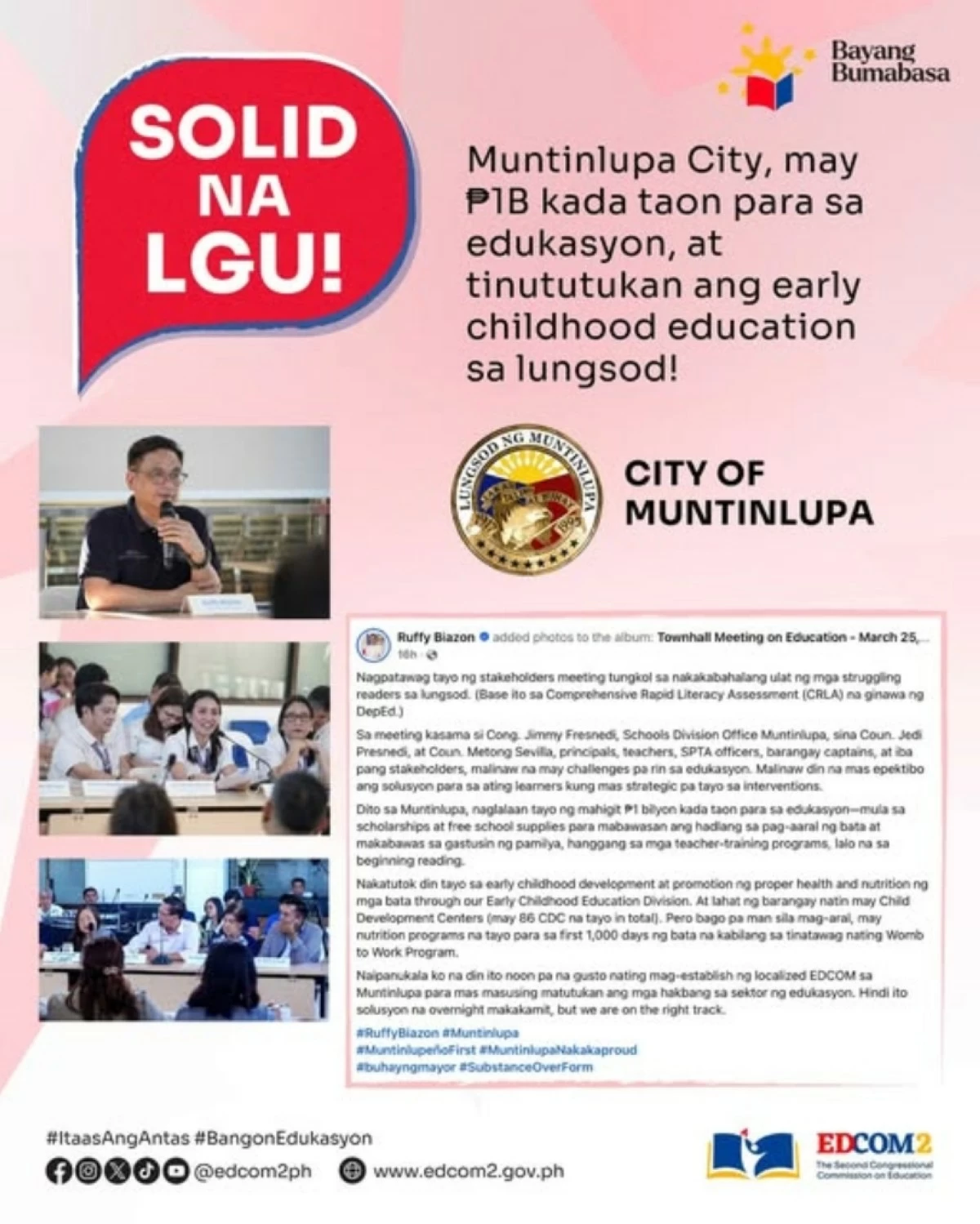 The post by the Second Congressional Commission on Education (EDCOM 2) praising the Muntinlupa City government (Photo from EDCOM 2 on Facebook) 