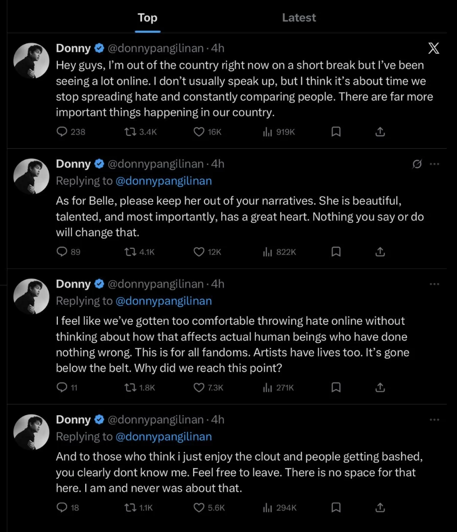 A screenshot of Donny Pangilinan's post on X