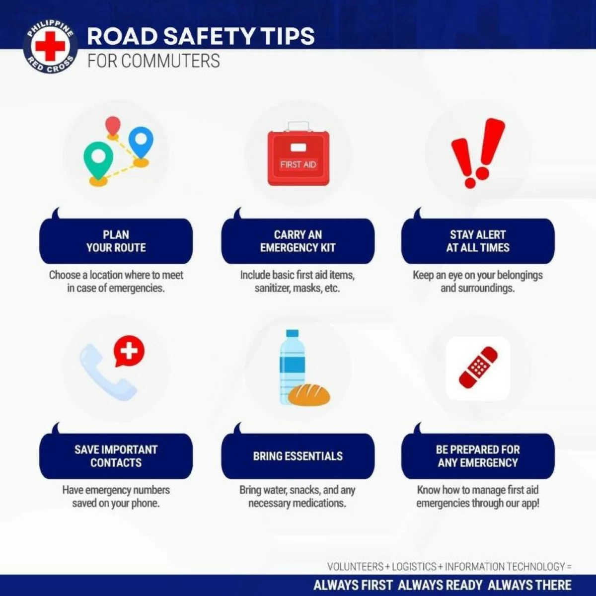 PRC reminds commuters to stay alert in crowded terminals, secure personal belongings, follow safety protocols, and keep emergency hotlines accessible during Holy Week travel.  (PRC photo) 