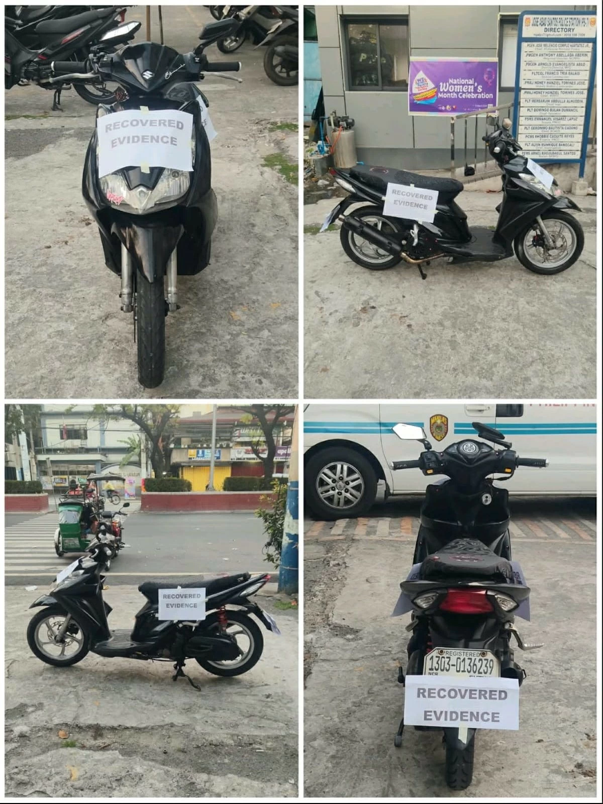 The black Suzuki Skydrive motorcycle used by the suspect, recovered by police as evidence following the incident in Barangay 189, Tondo, Manila.