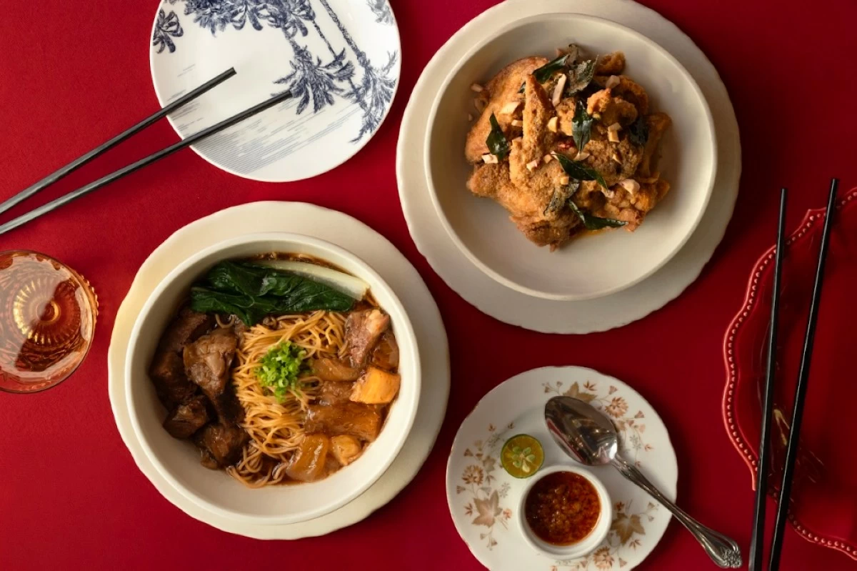 Grace Park and East Ocean Palace collaboration dishes: Beef brisket and tendon egg noodles and salted egg chicken wings