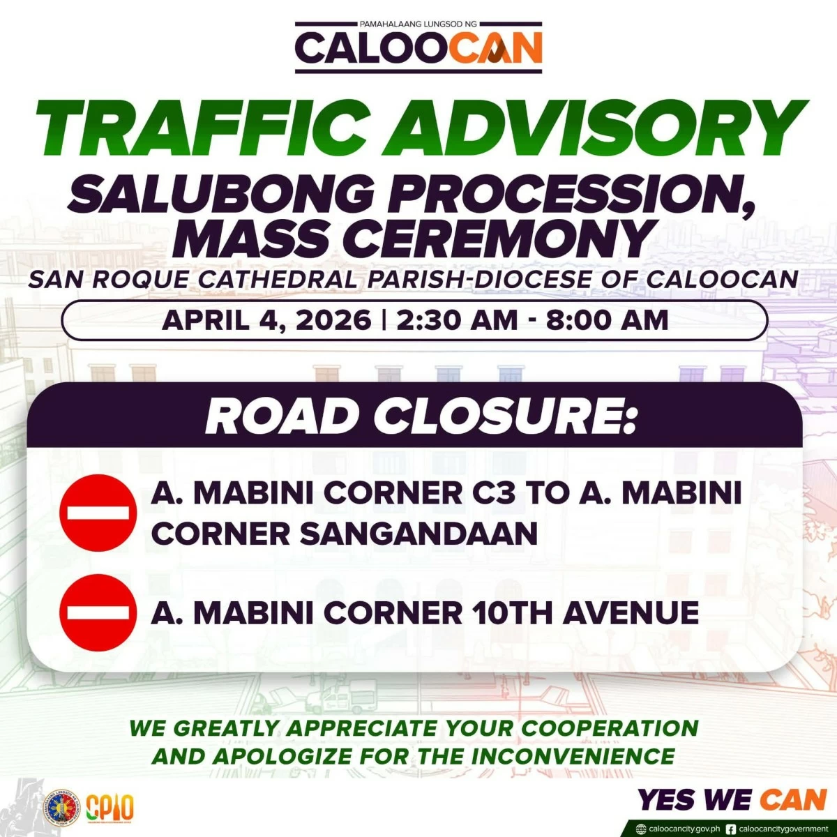 The Caloocan City government implements temporary road closures in several areas from April 3 to April 5. (Photo from Caloocan City LGU)