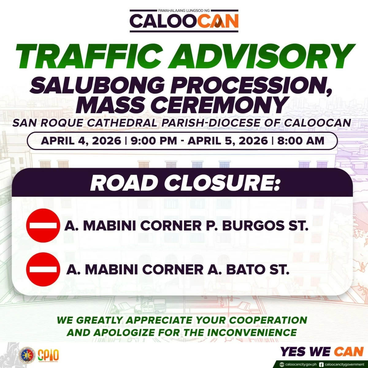 The Caloocan City government implements temporary road closures in several areas from April 3 to April 5. (Photo from Caloocan City LGU)