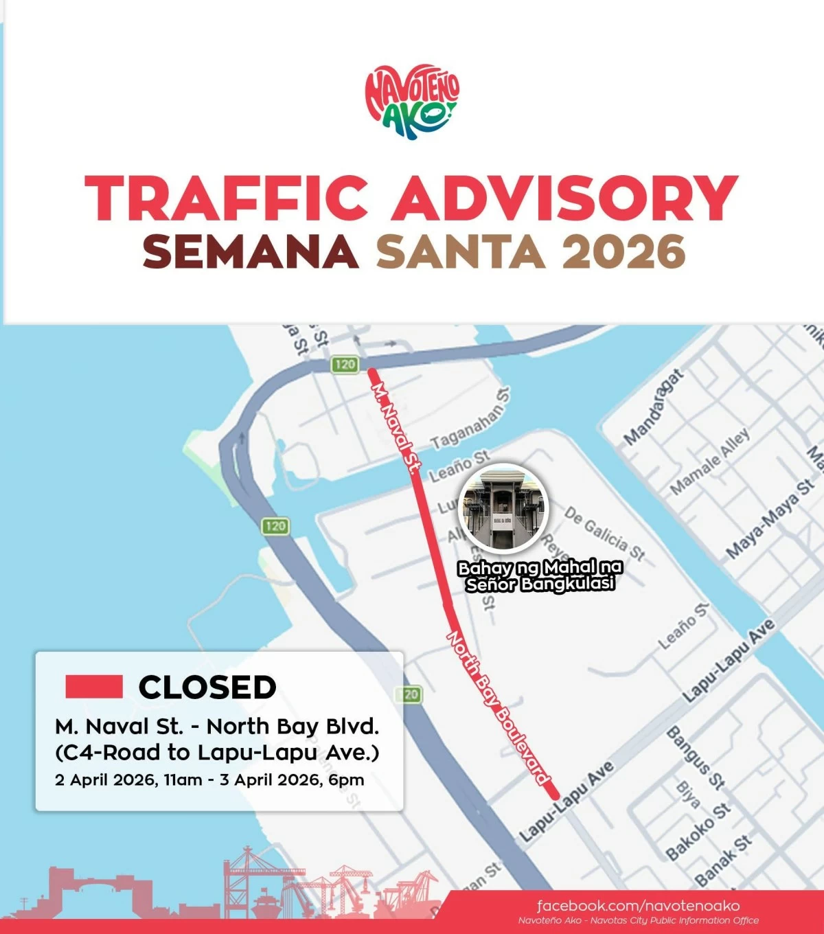 Temporary road closures are implemented by the Navotas City government along M. Naval Street from April 2 to April 3. (Photo from Navotas City LGU)