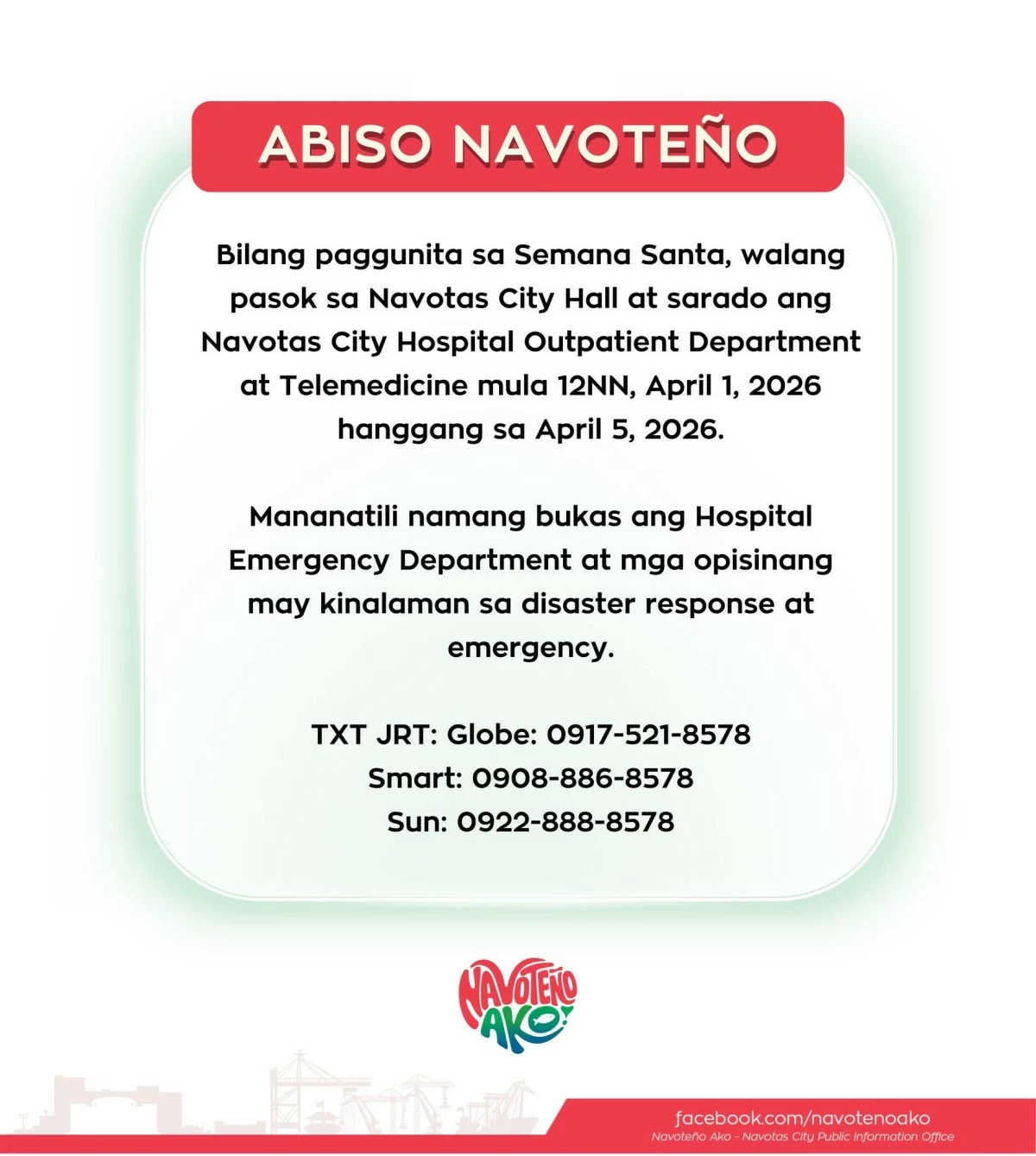The Navotas City government announces the suspension of operations at City Hall, as well as the closure of the Navotas City Hospital Outpatient Department and telemedicine services from 12 noon of April 1 to April 5 for Holy Week. (Photo from Navotas City LGU)